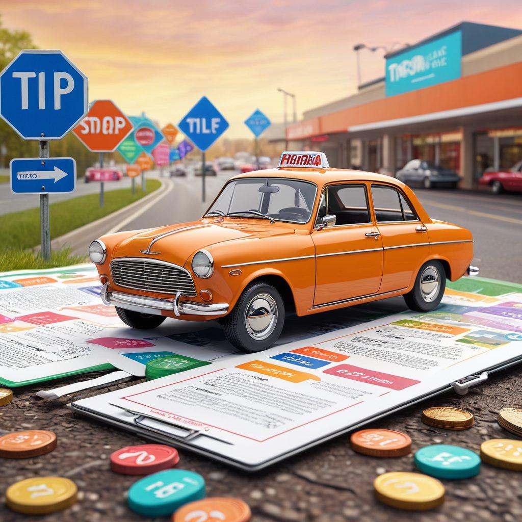 An illustrated guide featuring a vintage car surrounded by symbols of savings, like coins and discount tags. Include a highway in the background with road signs showing 'Tips' and 'Tricks'. Add a friendly character holding a clipboard filled with vehicle hire tips. The colors should be bright and inviting, creating a welcoming atmosphere for readers. cartoon style. vibrant colors.