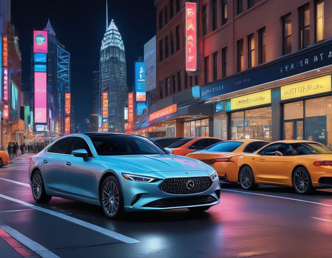 A stylish, high-end car parked beside a budget-friendly rental vehicle, set against a backdrop of a bustling city skyline. Illustrate a diverse group of people exploring these car options, showcasing excitement and curiosity. Incorporate luxury elements like a sparkling luxury sedan and a modern car rental shop with bright signage. Capture the contrast between short-term rentals and luxury selections. super-realistic. vibrant colors. cityscape.