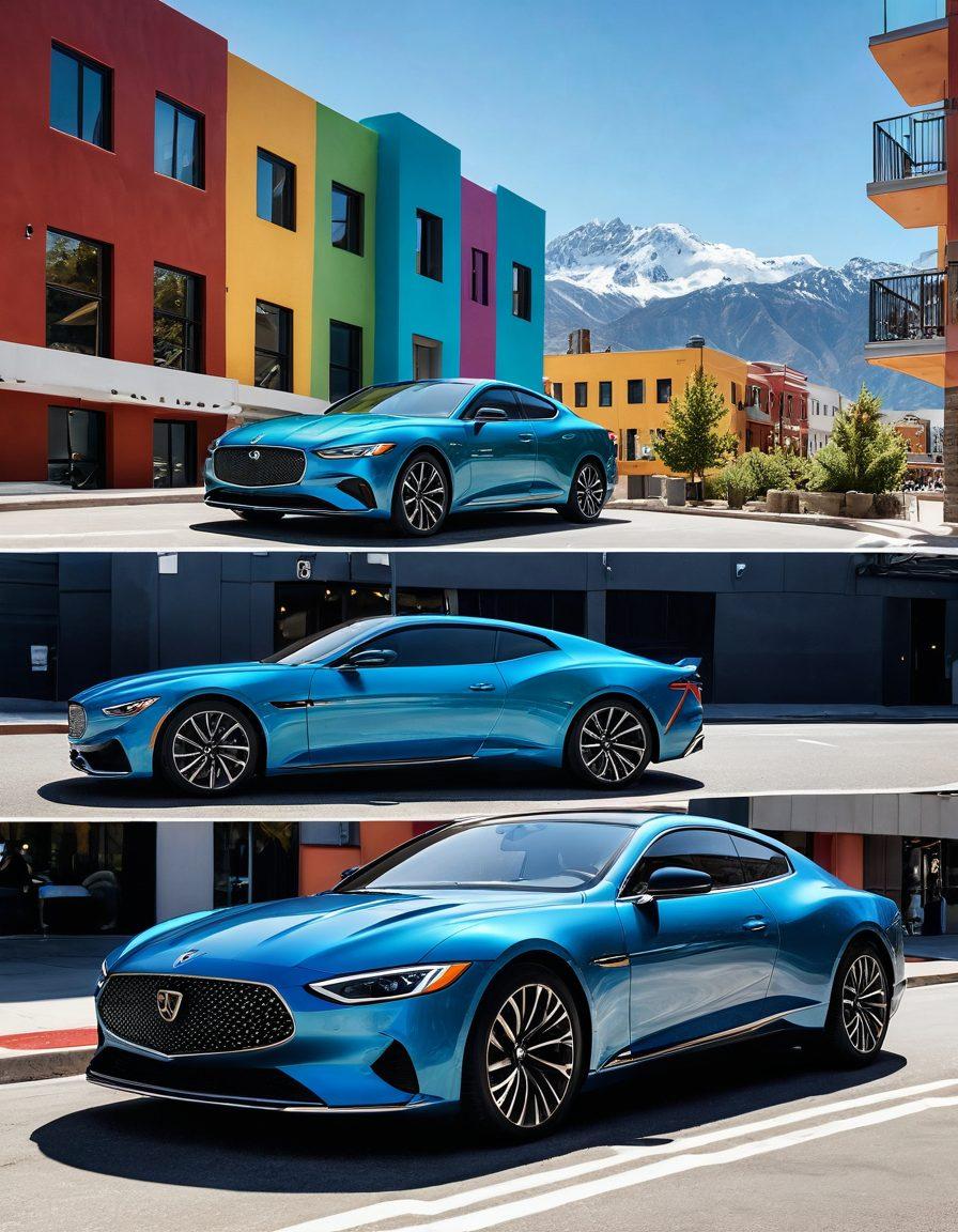 A split image showcasing a luxurious car on one side, glistening under the sun, and a sleek, affordable car on the other side parked in a vibrant city environment. Include a background with mountains and urban elements to symbolize diverse rental options. Spotlight features like price tags and customer reviews subtly integrated into the design. super-realistic. bright colors. modern style.